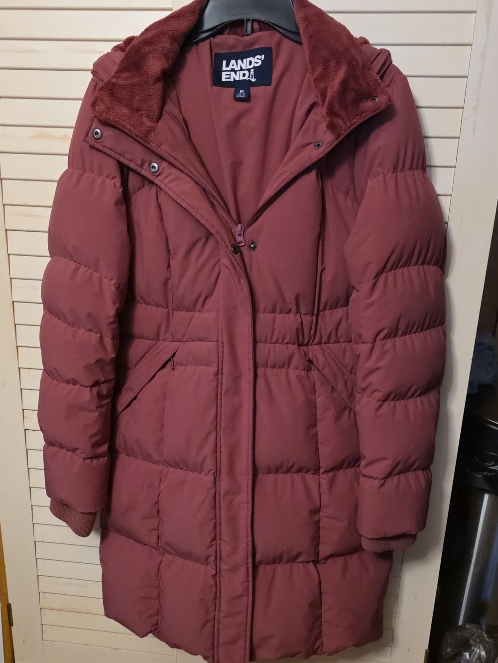 Lands' End Women's Hooded Down Puffer Coat Faux Fur Collar Mauve  M